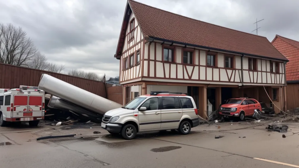 Неймовірна ДТП у Німеччині: Автомобіль з причепом скотився з парковки і впав на дах фірми