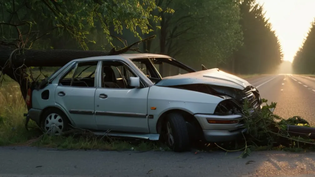 Зруйнована машина заплуталася в дереві на узбіччі сільської дороги на світанку