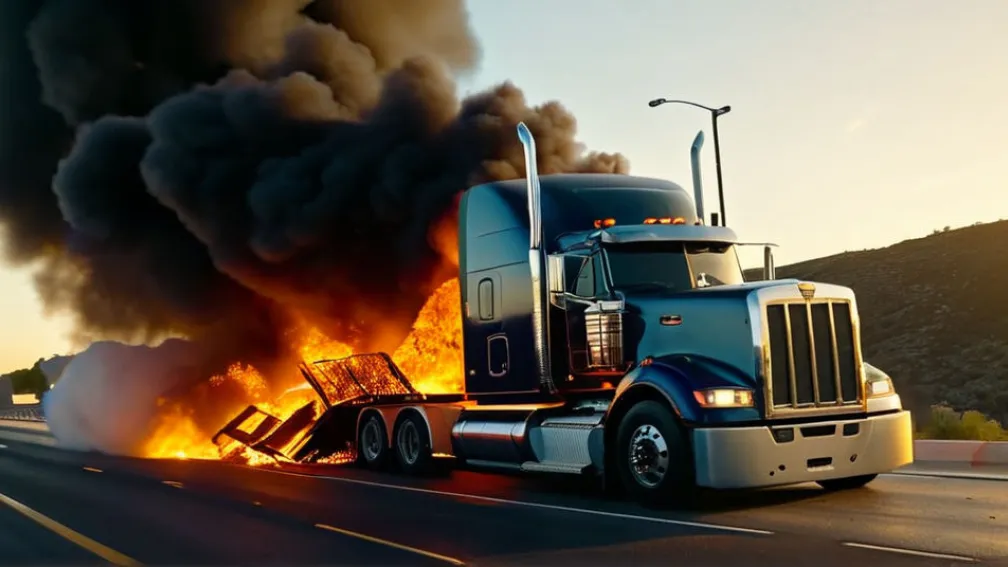 Вантажівка загорілася після зіткнення з бетонною стіною на повороті