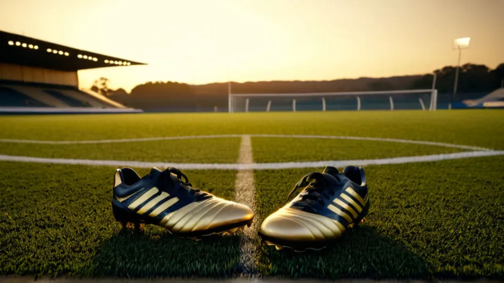 Фотореалістичне зображення покинутого футбольного поля на світанку, із золотим світлом, що освітлює одну пару бутс, залишених у центральному колі, символізуючи повернення та надію. Кінематографічне освітлення, 8k, гіперреалістичне.