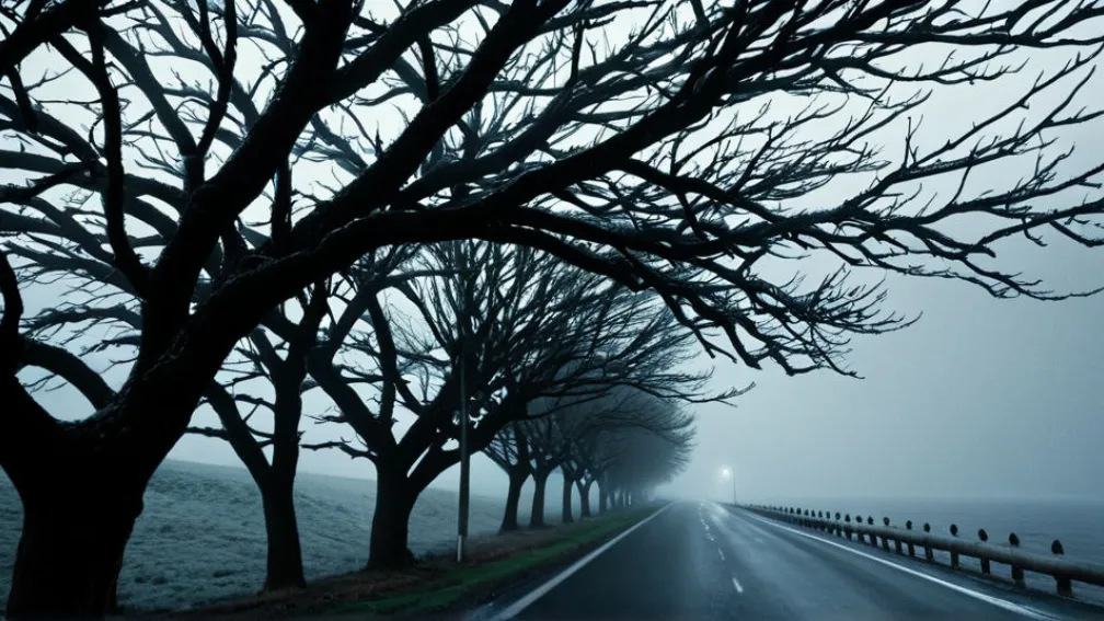 Фотореалістичне зображення крижаних доріг, крапель крижаного дощу на голих гілках дерев, густого туману, що приховує зимовий пейзаж, та абстрактних візерунків вітру, що дме над темним, неспокійним морем. Кінематографічне освітлення, 8k, гіперреалістичне.