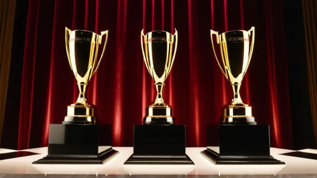 Елегантна церемонія нагородження: сцена з мерехтливими вогнями, абстрактні трофеї на п'єдесталах, святкова атмосфера в розкішному бальному залі готелю. Кінематографічне освітлення, 8k, гіперреалістично.