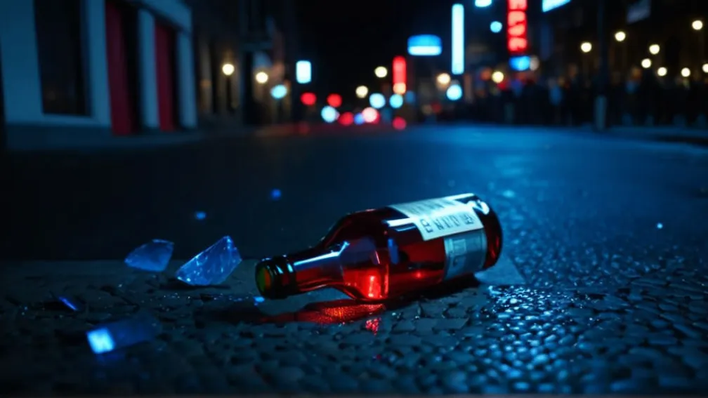 Нічна міська сцена з мерехтливими синіми та червоними вогнями, розмите зображення, що свідчить про динамічну подію, розбита пляшка на землі, без людей та облич, кінематографічне освітлення, 8k, гіперреалістичне.