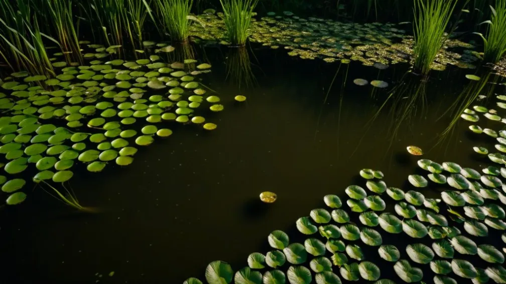 Екосистема каламутного ставка з густою водною рослинністю, ледь помітною брижами на поверхні води, прихованим відчуттям унікального водного життя, кінематографічним освітленням, 8k, гіперреалістичне.