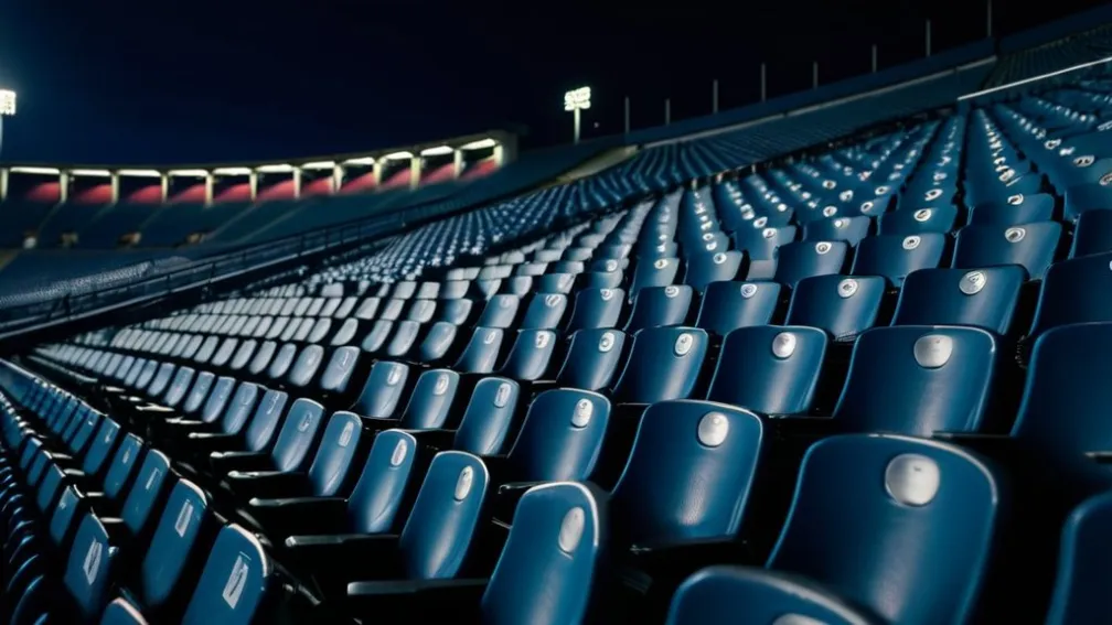 Порожні сидіння стадіону в сутінках, самотній шарф, урочиста атмосфера, кінематографічне освітлення, 8k, гіперреалістично.