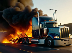 Вантажівка загорілася після зіткнення з бетонною стіною на повороті