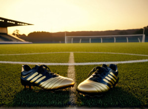 Фотореалістичне зображення покинутого футбольного поля на світанку, із золотим світлом, що освітлює одну пару бутс, залишених у центральному колі, символізуючи повернення та надію. Кінематографічне освітлення, 8k, гіперреалістичне.