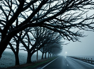 Фотореалістичне зображення крижаних доріг, крапель крижаного дощу на голих гілках дерев, густого туману, що приховує зимовий пейзаж, та абстрактних візерунків вітру, що дме над темним, неспокійним морем. Кінематографічне освітлення, 8k, гіперреалістичне.