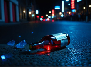 Нічна міська сцена з мерехтливими синіми та червоними вогнями, розмите зображення, що свідчить про динамічну подію, розбита пляшка на землі, без людей та облич, кінематографічне освітлення, 8k, гіперреалістичне.