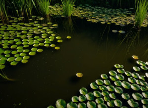 Екосистема каламутного ставка з густою водною рослинністю, ледь помітною брижами на поверхні води, прихованим відчуттям унікального водного життя, кінематографічним освітленням, 8k, гіперреалістичне.